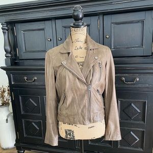 NWOT LUCKY BRAND 100% Lambs Leather Moto Jacket Distressed Neutral Brown S